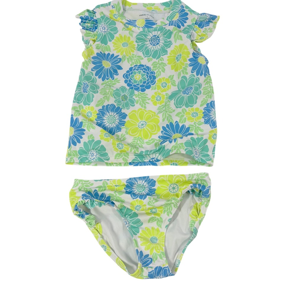 Janie and Jack Two Piece Swimsuit Kids Size 7 Blue Green Excellent Floral Ruffle